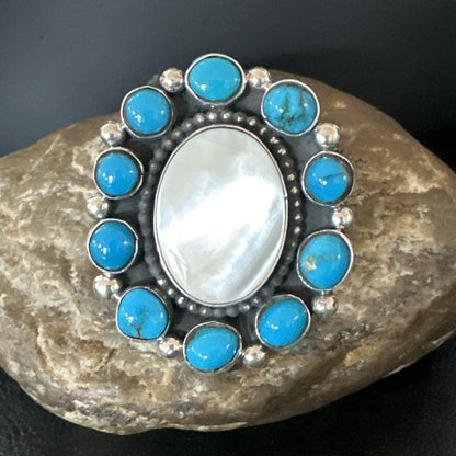 Blue Kingman Turquoise MOP Navajo Sterling Silver Cluster Ring Size 10 18395
