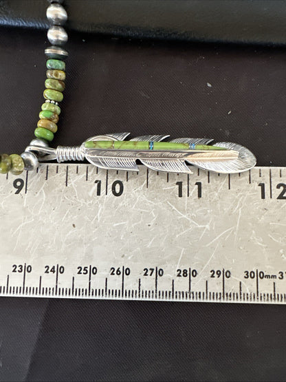 WoMens Green Gaspeite Turquoise Opal Leaf Pendant Sterling Silver Necklace 18665