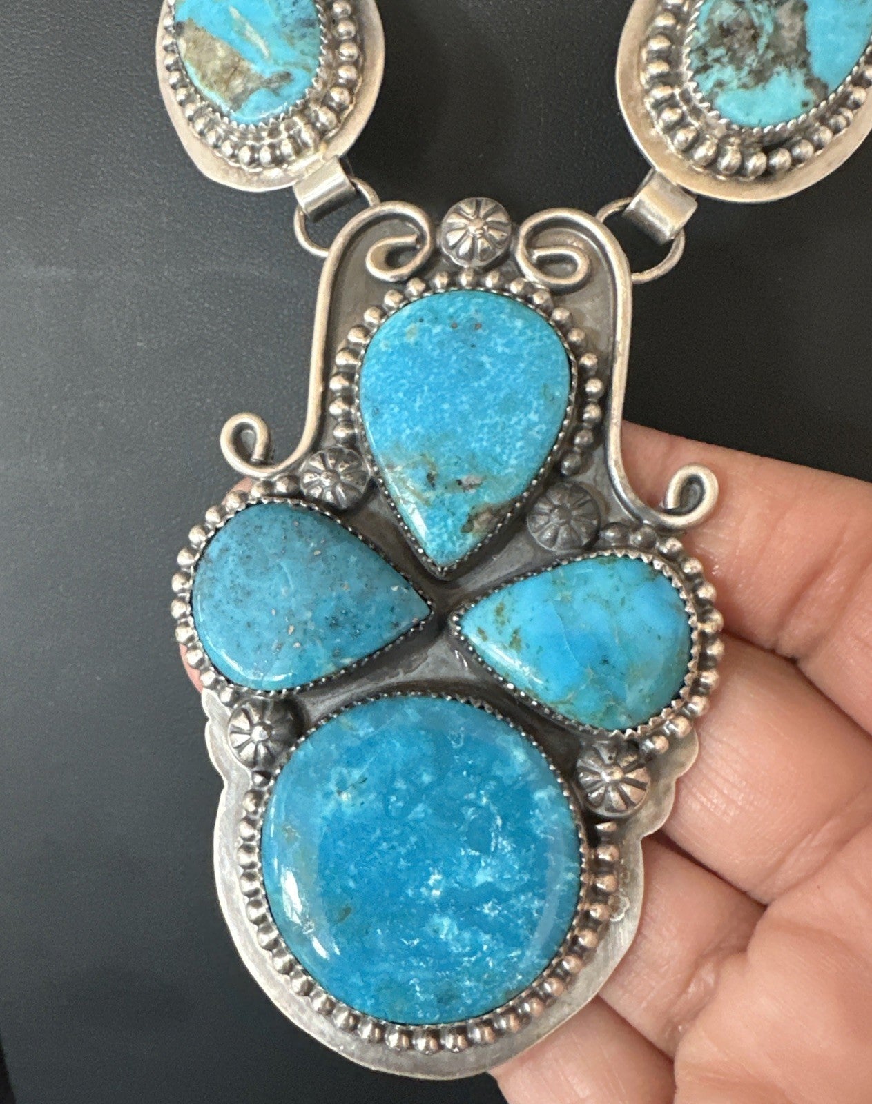 XXL Vintage Kingman Turquoise Navajo Sterling Silver Lariat Necklace 33” 19632