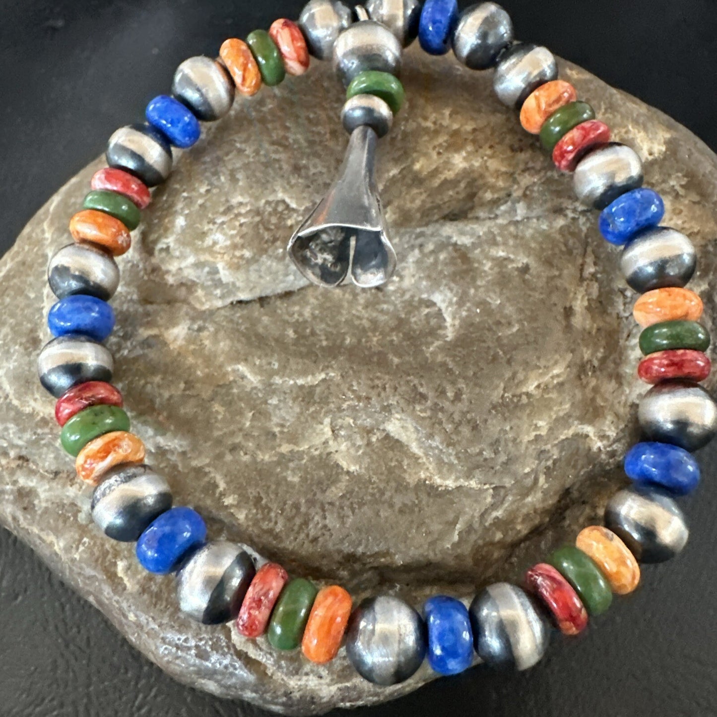 Multicolor Lapis Turquoise Stretch Bead Bracelet Navajo Sterling Silver 17908