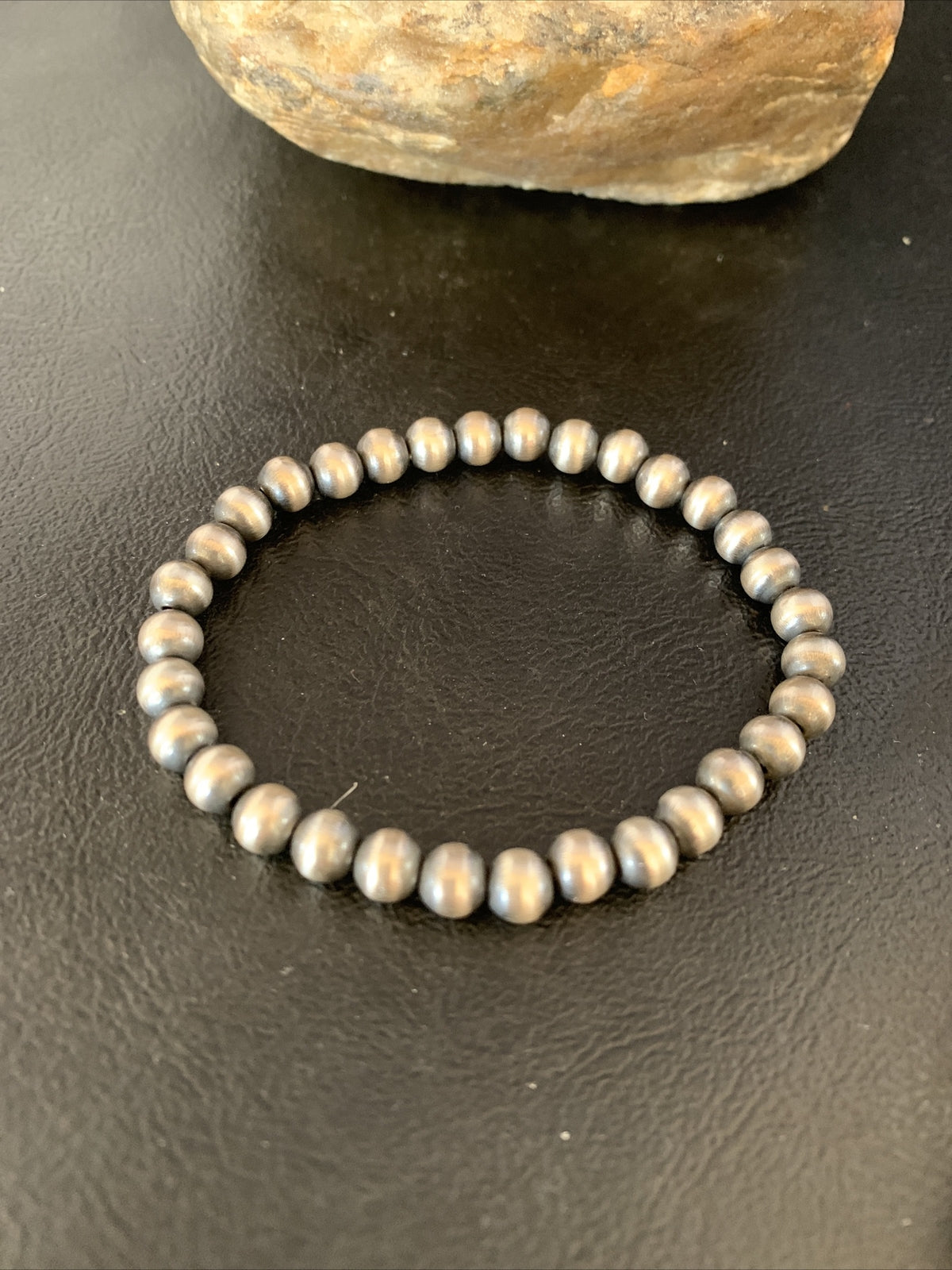 Navajo 6mm Beads Stretchable Sterling Silver Bracelet 7” 14184