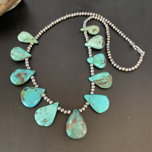 Navajo Pearls Necklace Sterling Silver Blue Turquoise Teardrop 13152