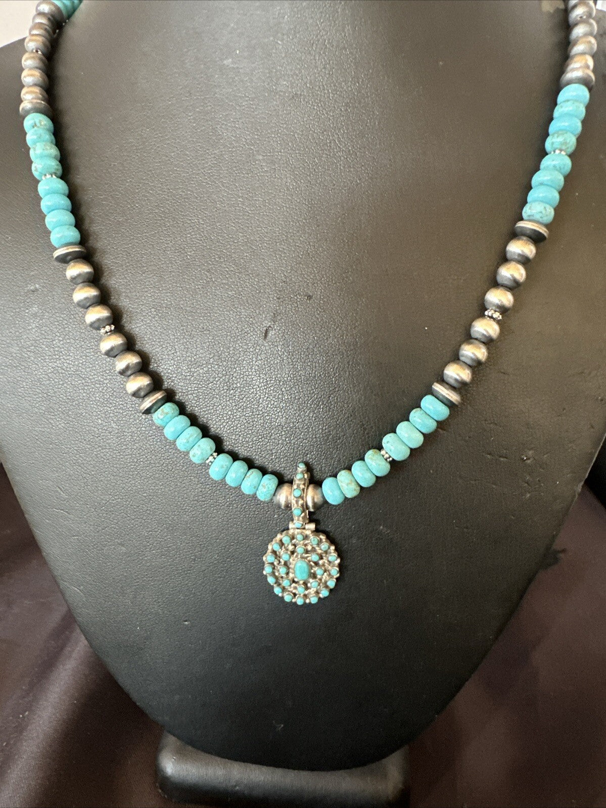Zuni Blue Kingman Turquoise Cluster Pendant Sterling Silver Necklace 21" 18381