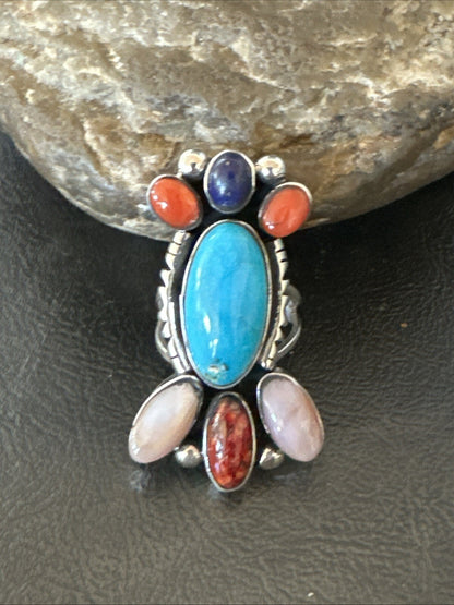 Cluster Blue Turquoise Spiny Oyster Onyx Sterling Silver Ring Size 8 18564