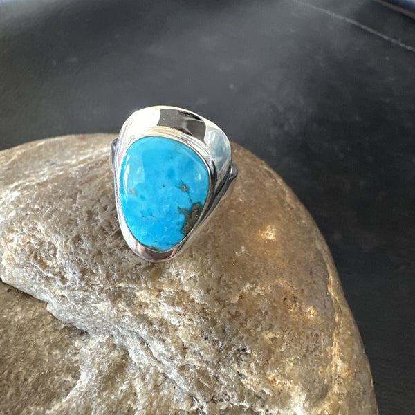 Southwestern Blue Kingman Turquoise Ring Size 8 | Sterling Silver | Authentic Native American Handmade | 18517