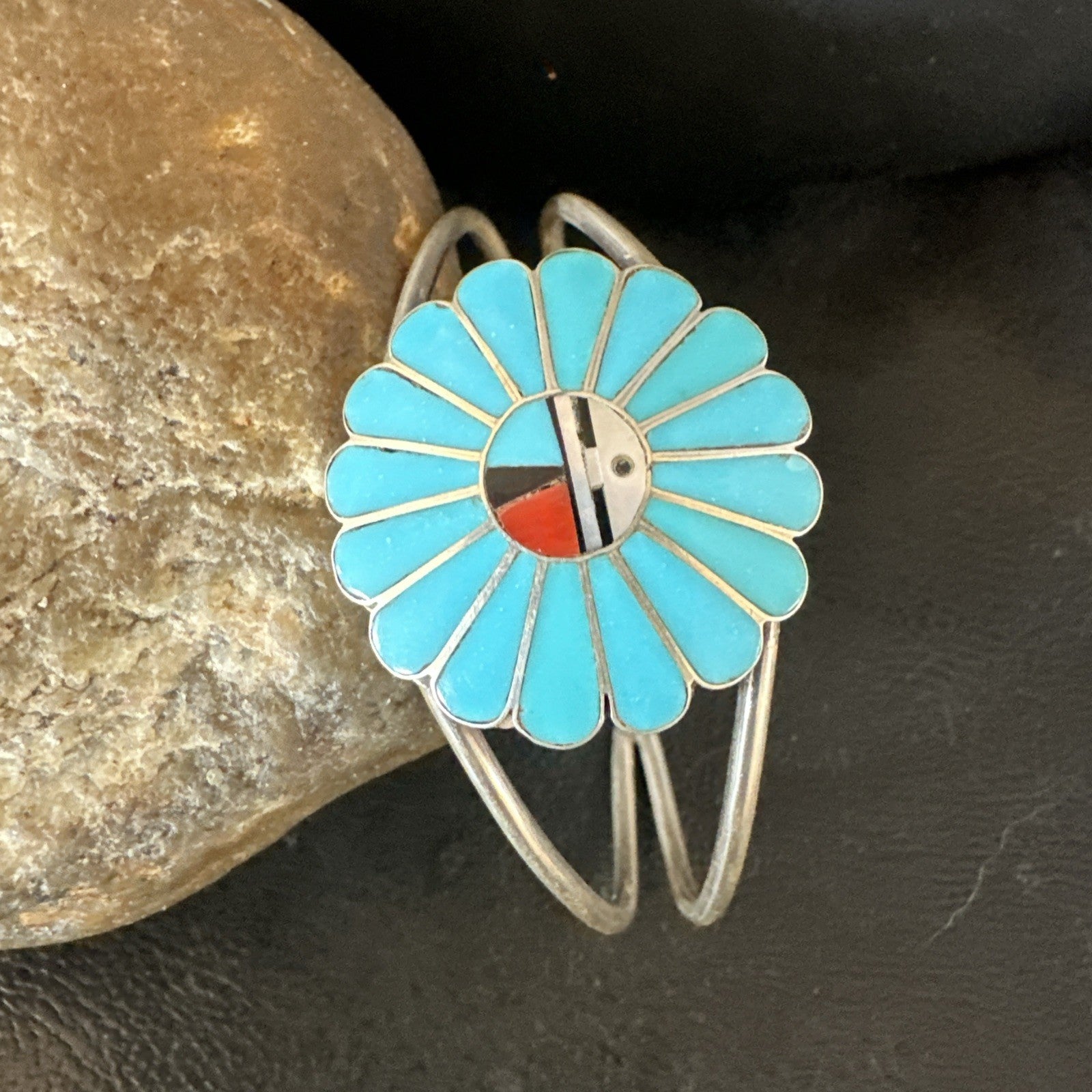 Old Pawn Sunface Turquoise Zuni Sterling Silver Onyx Bracelet 6.5” 19129