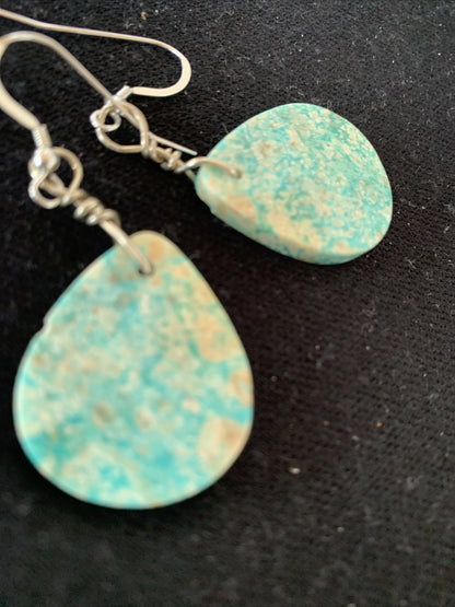 Navajo Sterling Silver Slab Turquoise Dangle Earrings 01357