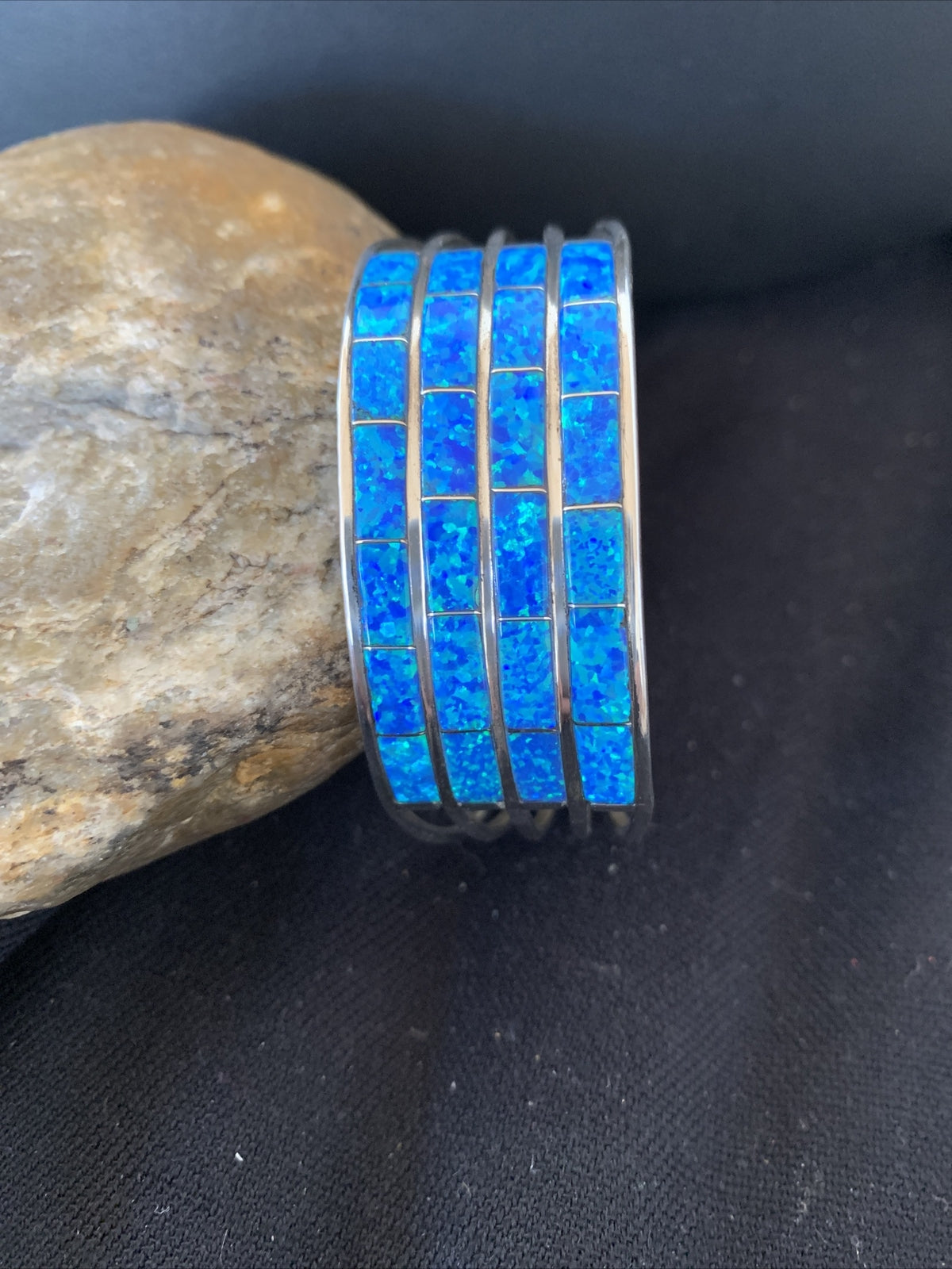 Blue Faux Opal Southwestern Zuni Sterling Silver Cuff Inlay Bracelet 01028
