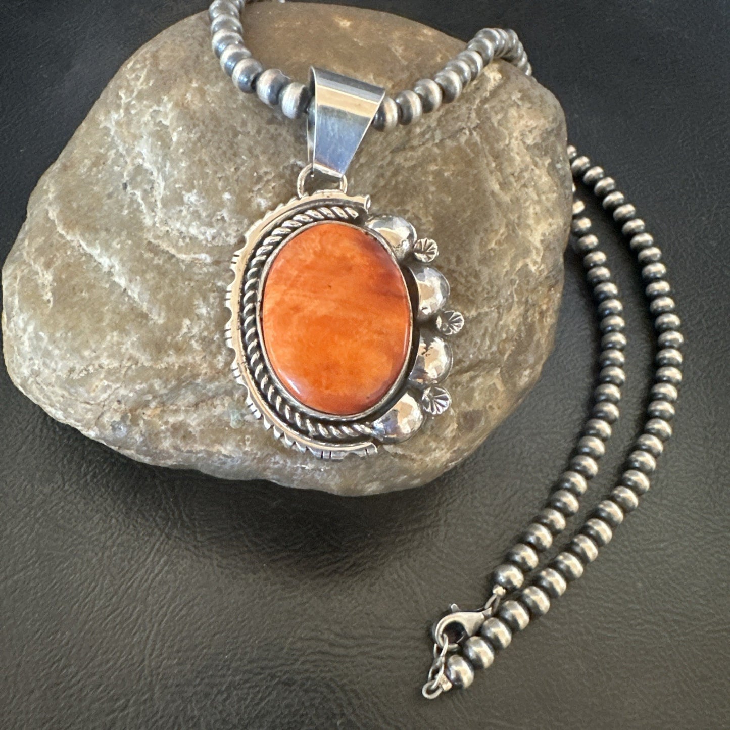 Yazzie Orange Spiny Oyster Pendant Navajo Sterling Silver Necklace 19490