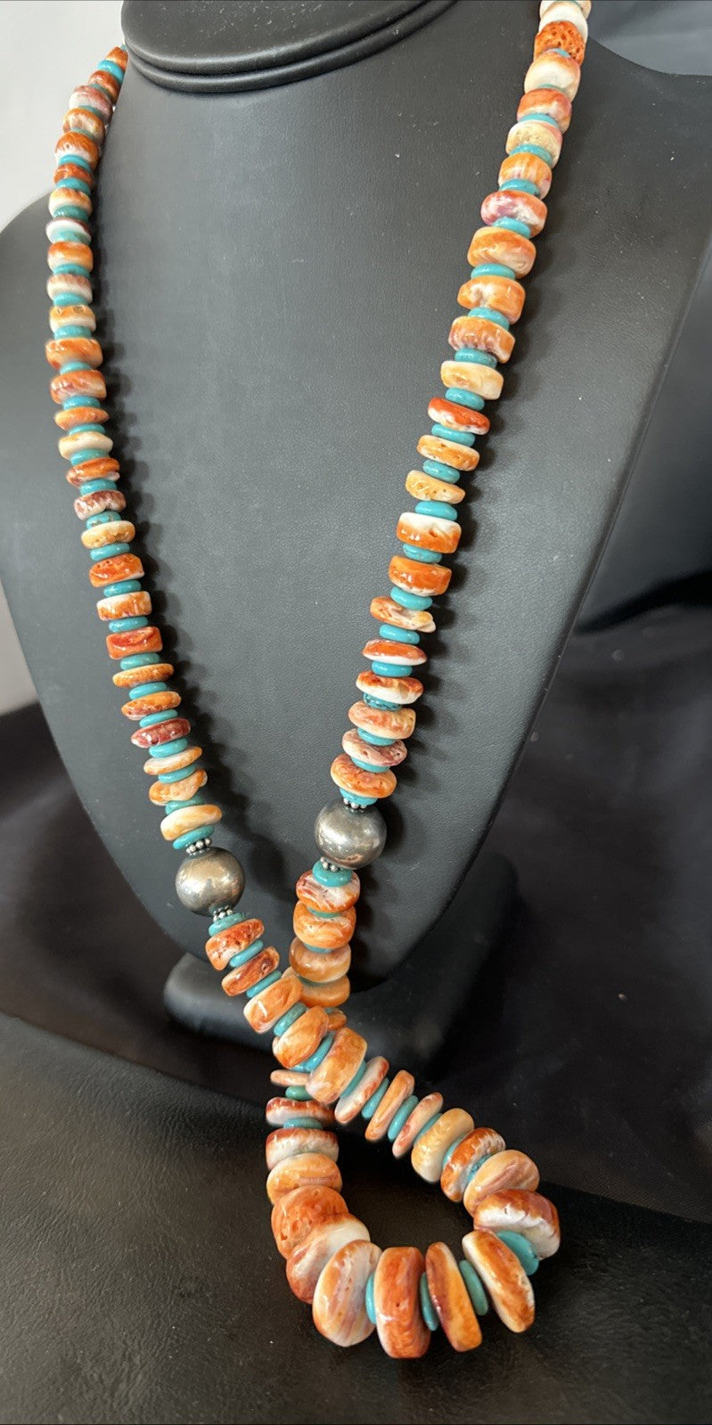 30" Spiny Oyster Turquoise Graduated Navajo Pearl Sterling Silver Necklace 19419