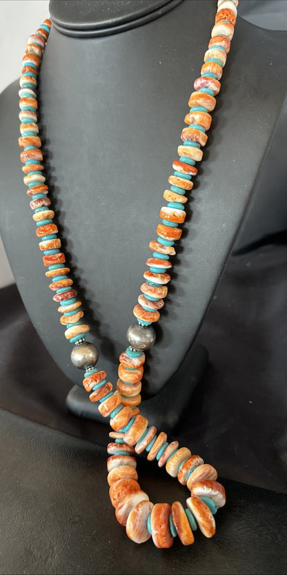 30" Spiny Oyster Turquoise Graduated Navajo Pearl Sterling Silver Necklace 19419