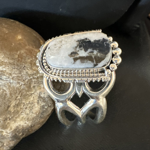 Tufa Cast Men White Buffalo Turquoise Navajo Cuff Bracelet | Sterling Silver | Authentic Native American Handmade | 19354