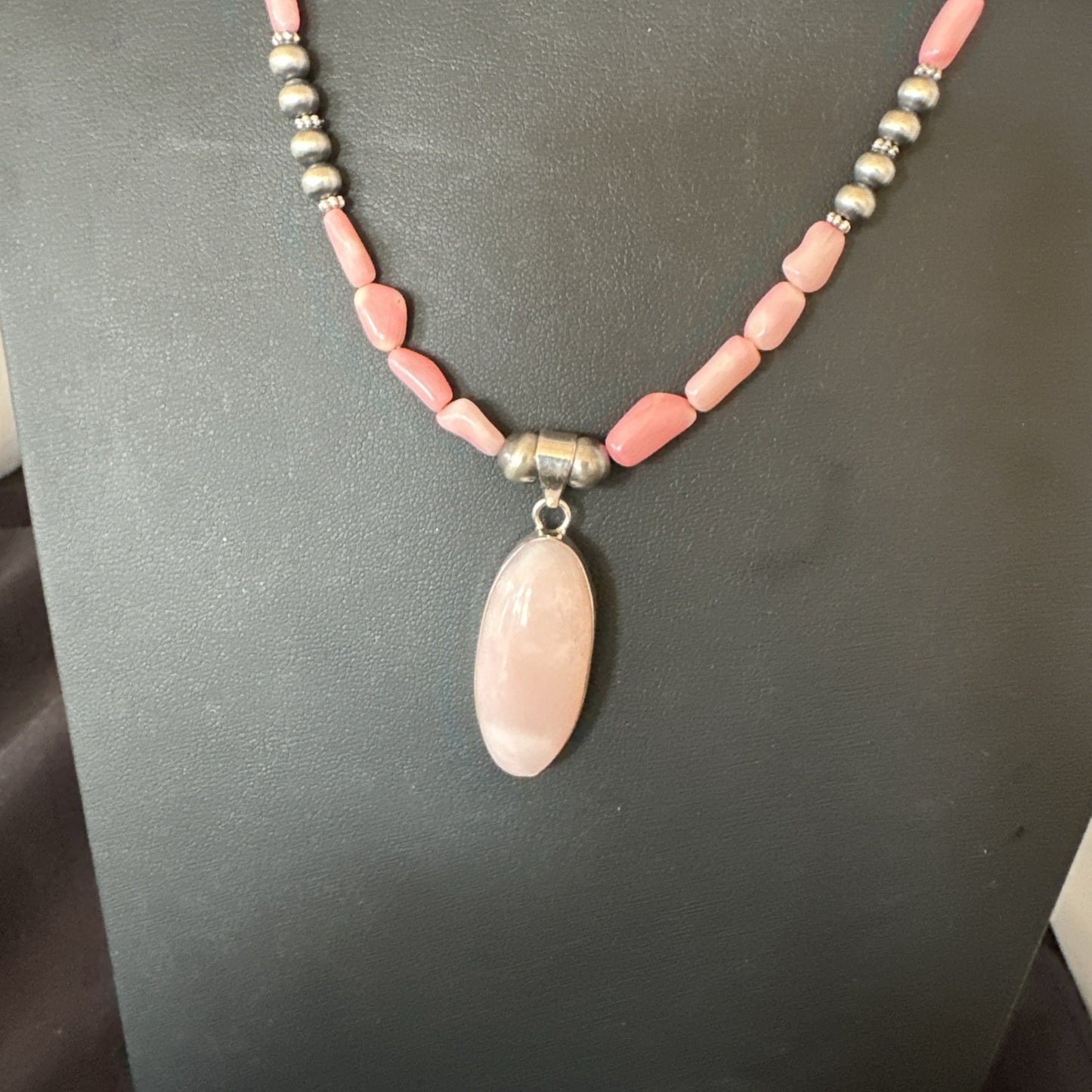 Southwestern Sterling Silver Pink Coral Bead Necklace Quartz Pendant 24" 19585