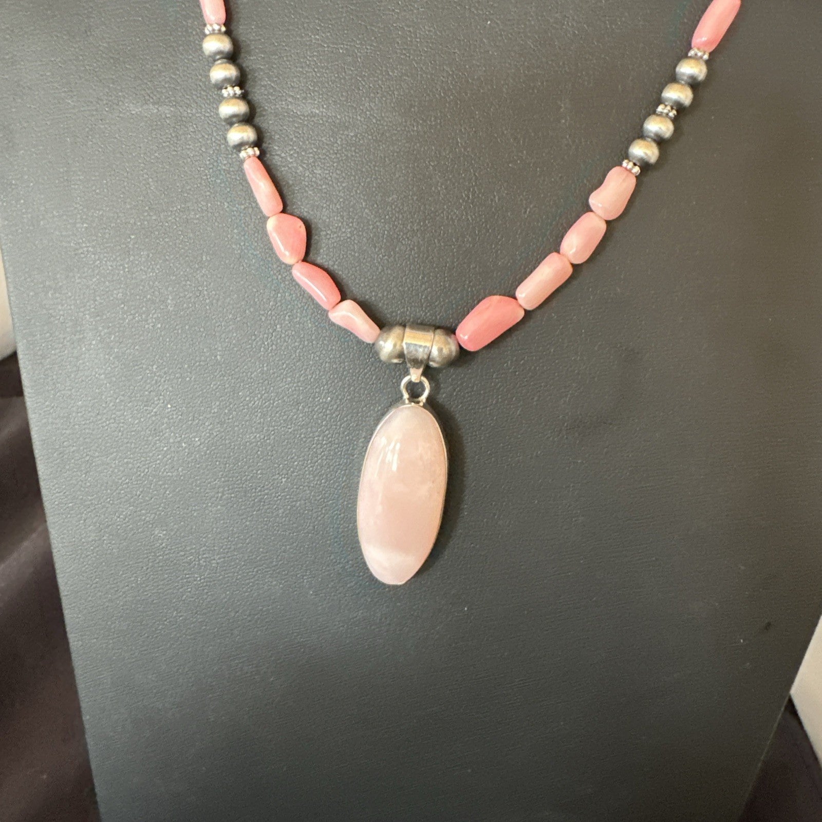 Southwestern Sterling Silver Pink Coral Bead Necklace Quartz Pendant 24" 19585