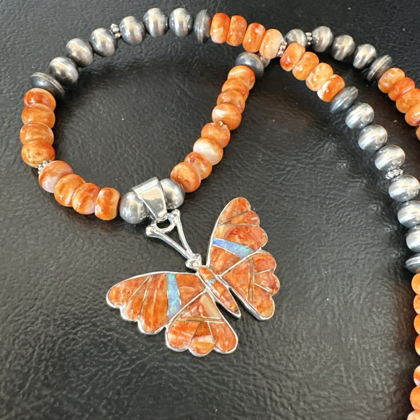 Butterfly Orange Spiny Oyster Opal Inlay Sterling Silver  Necklace Pendant 18676