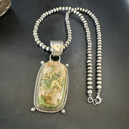 XL Mens Green Royston Turquoise Pendant Navajo Sterling Silver Necklace