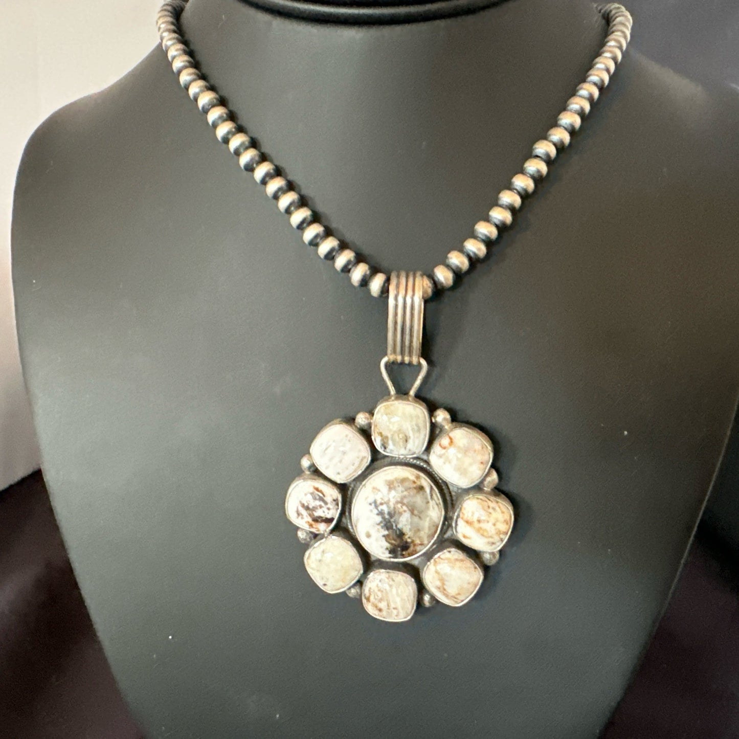 White Buffalo Turquoise Cluster Pendant Navajo Sterling Silver Necklace 19271