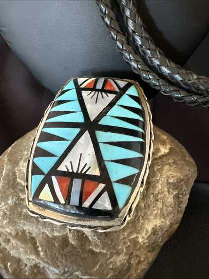 Zuni  Mens BoloTie Belt Buckle Ranger Set Turquoise Coral Sterling Silver 19155