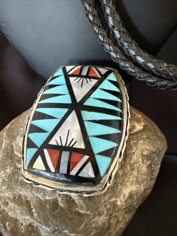 Zuni Men's BoloTie Belt Buckle Ranger Set Turquoise Coral | Sterling Silver | Authentic Native American Handmade | 19155