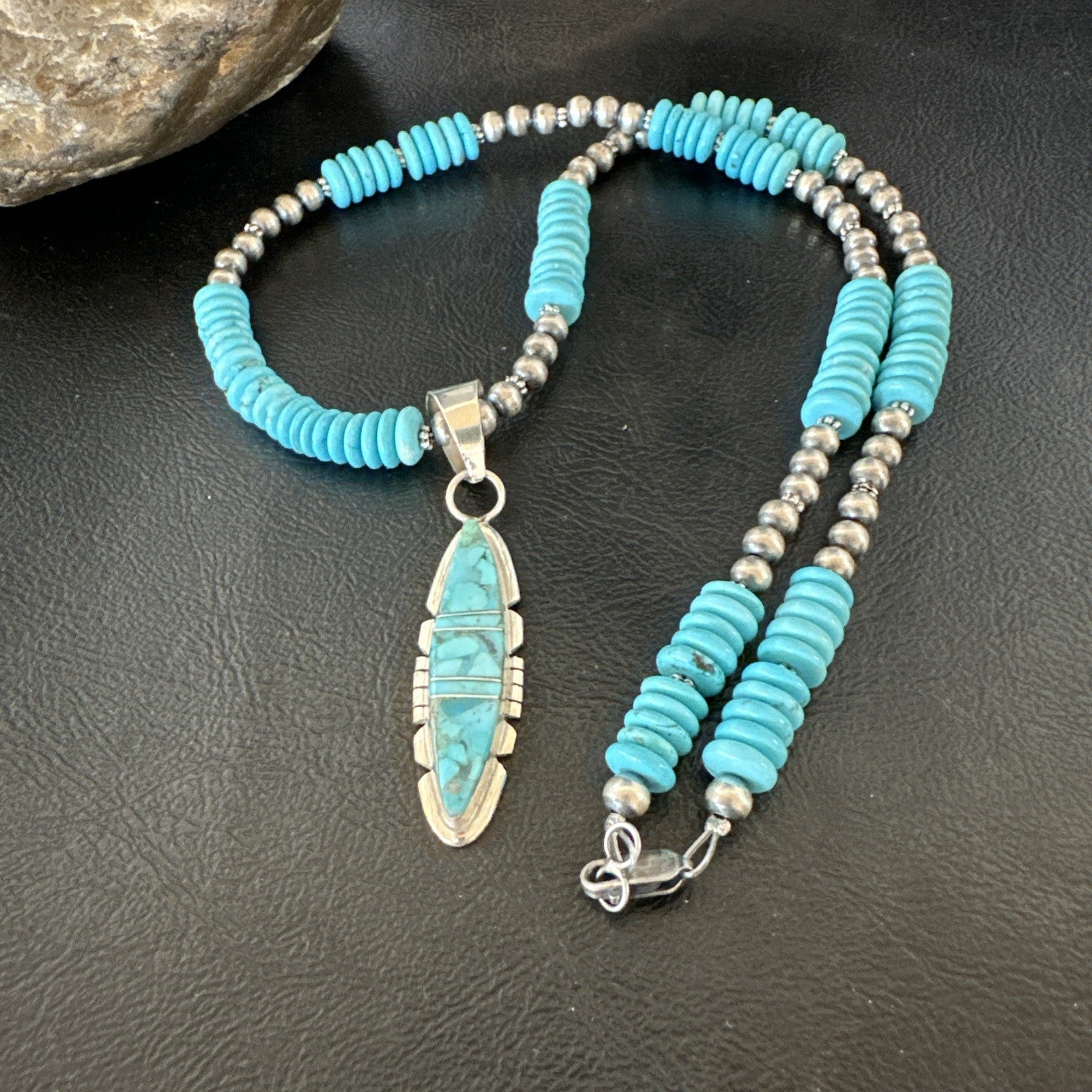 Blue Turquoise Inlay Pendant Navajo Sterling Native American Necklace 20" 19510