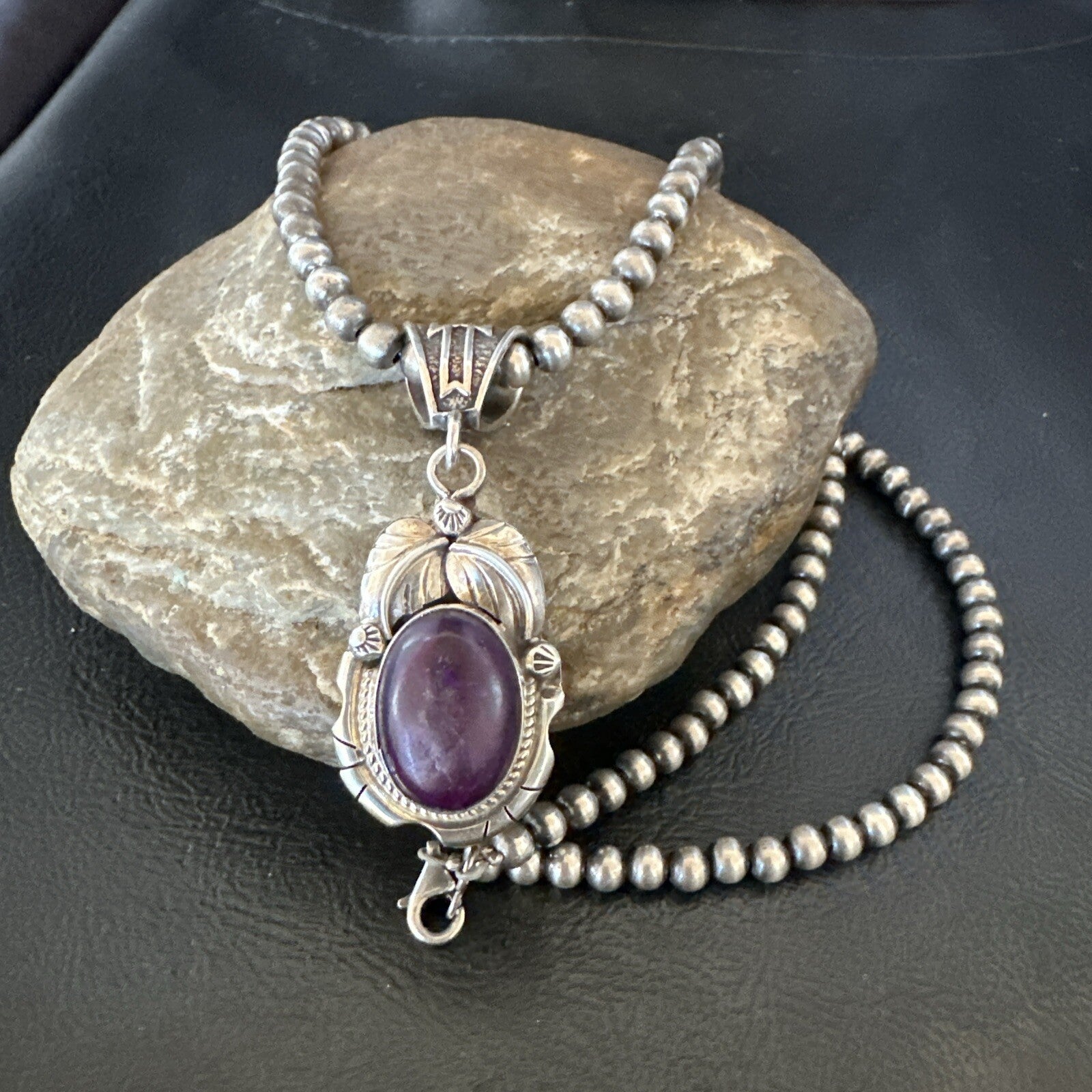 Purple Stone Pendant Navajo Pearls Sterling Silver Necklace 20” 18403