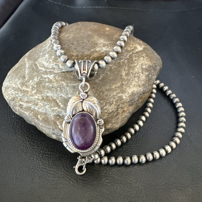 Purple Stone Pendant Navajo Pearls Sterling Silver Necklace 20” 18403