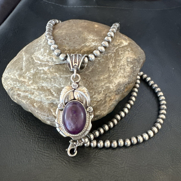 Purple Stone Pendant Navajo Pearls Necklace 20" | Sterling Silver | Authentic Native American Handmade | 18403