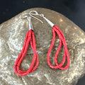 Red Coral Heishi Tube Liquid Dangle Earrings 2" | Sterling Silver | Authentic Native American Handmade | 4394