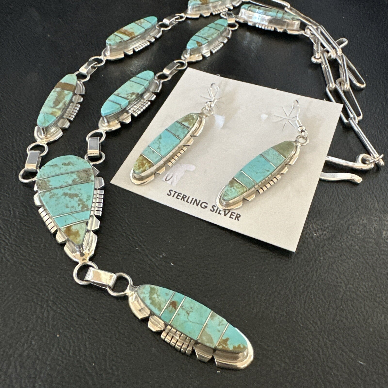 Inlay Blue Turquoise#8 Navajo Sterling Silver Lariat Necklace Earrings 24” 17770