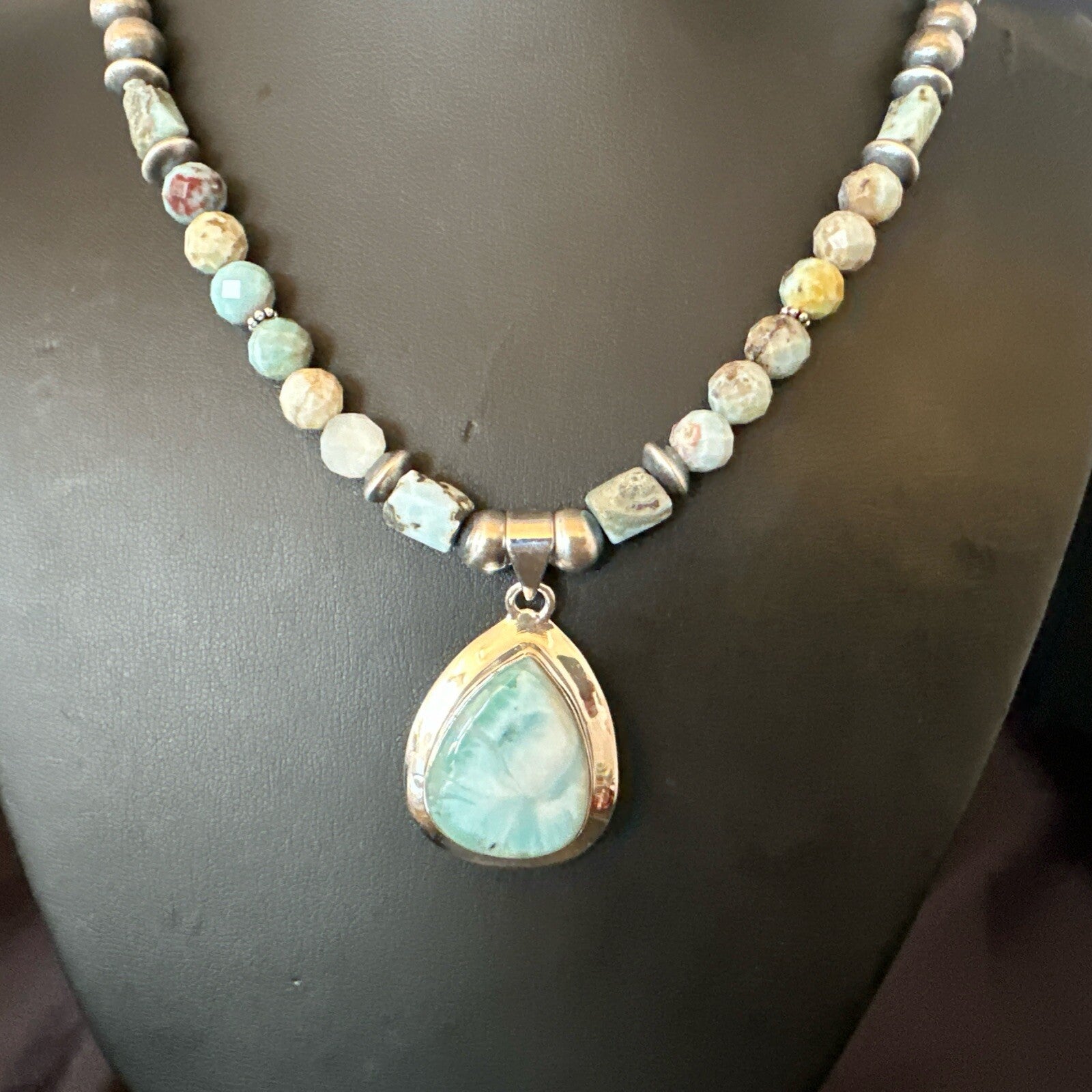 Blue Larimar Pendant Navajo Sterling Silver Natural Necklace 21" 17759