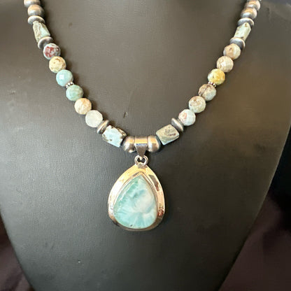 Blue Larimar Pendant Navajo Sterling Silver Natural Necklace 21" 17759