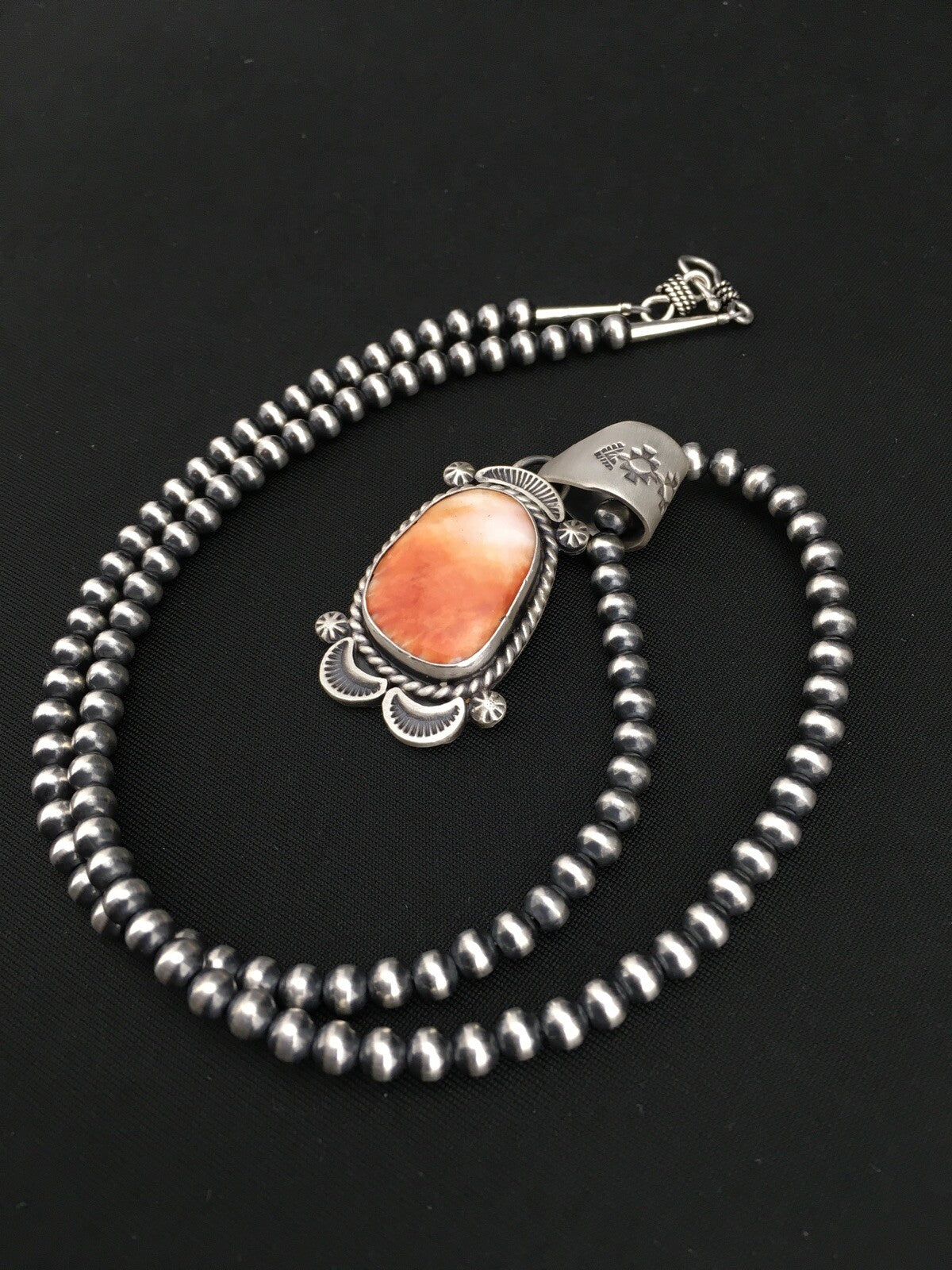 Native Orange Spiny Oyster Pendant Navajo Sterling Silver Necklace 04907