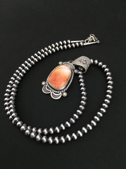 Native Orange Spiny Oyster Pendant Navajo Sterling Silver Necklace 04907