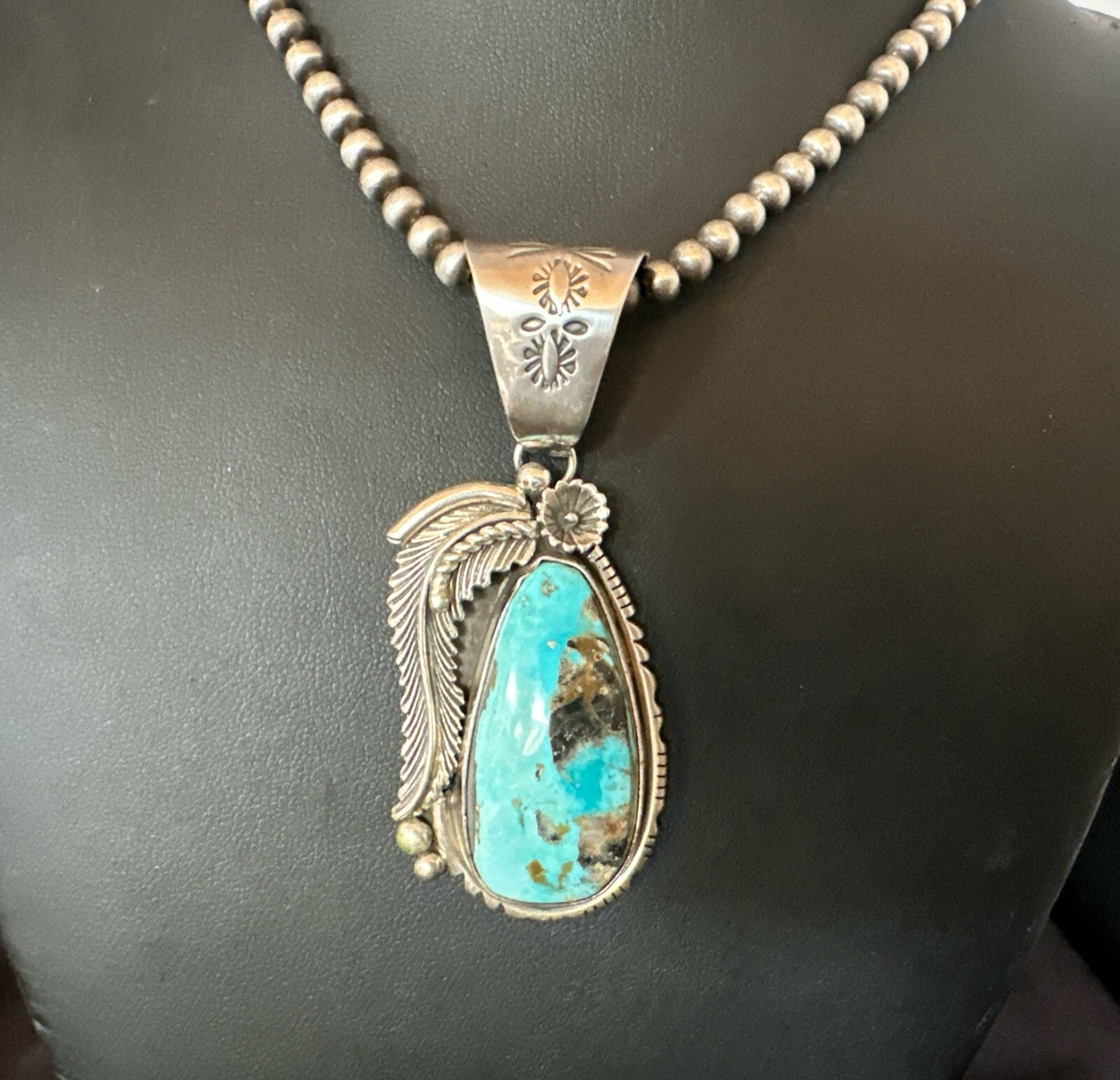 Mens Womens Blue Turquoise Pendant Sterling Silver Beads Sterling Necklace 18648
