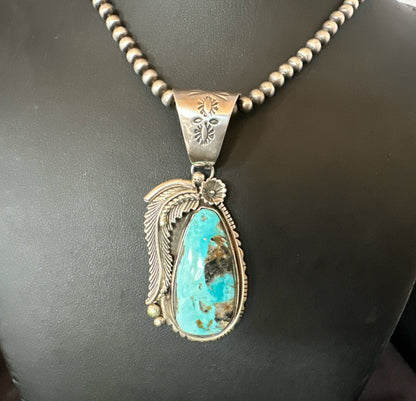 Mens Womens Blue Turquoise Pendant Sterling Silver Beads Sterling Necklace 18648