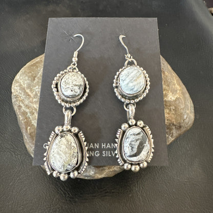 Womens Navajo White Buffalo Turquoise Sterling Silver Dangle Earrings 2" 19309