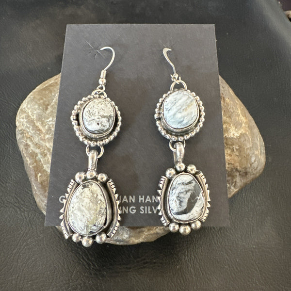 Women's Navajo White Buffalo Turquoise Dangle Earrings 2" | Sterling Silver | Authentic Native American Handmade | 19309