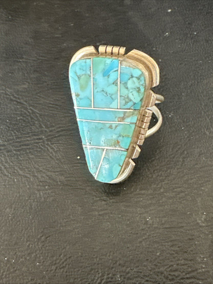 Blue Turquoise Navajo Inlay Sterling Silver Ring Size 11 19782
