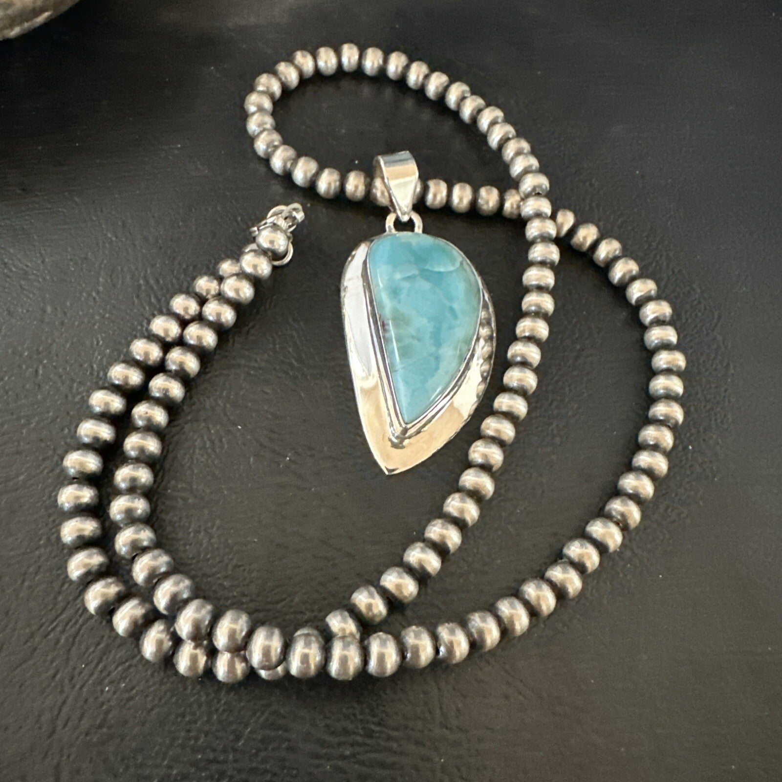 Womens Blue Larimar Pendant Navajo Sterling Silver Beads Necklace 17716