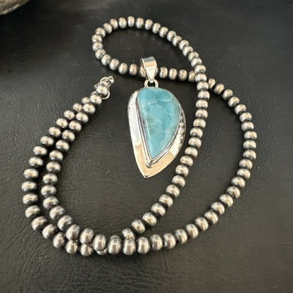 Womens Blue Larimar Pendant Navajo Sterling Silver Beads Necklace 17716