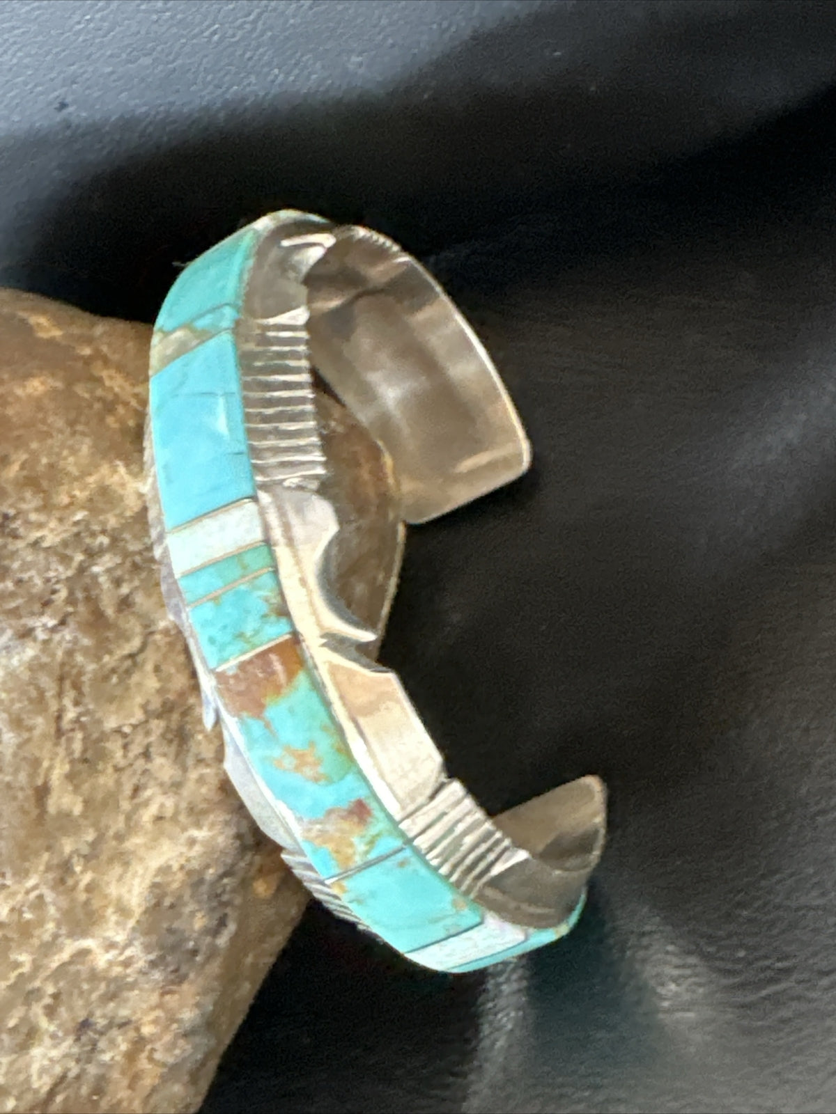Blue Turquoise Opal Navajo Sterling Silver Cuff Inlay Bracelet 17957
