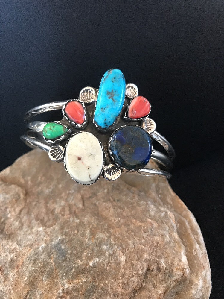 Navajo Wild Horse Turquoise Spiny Oyster Lapis Sterling Bracelet Platero
