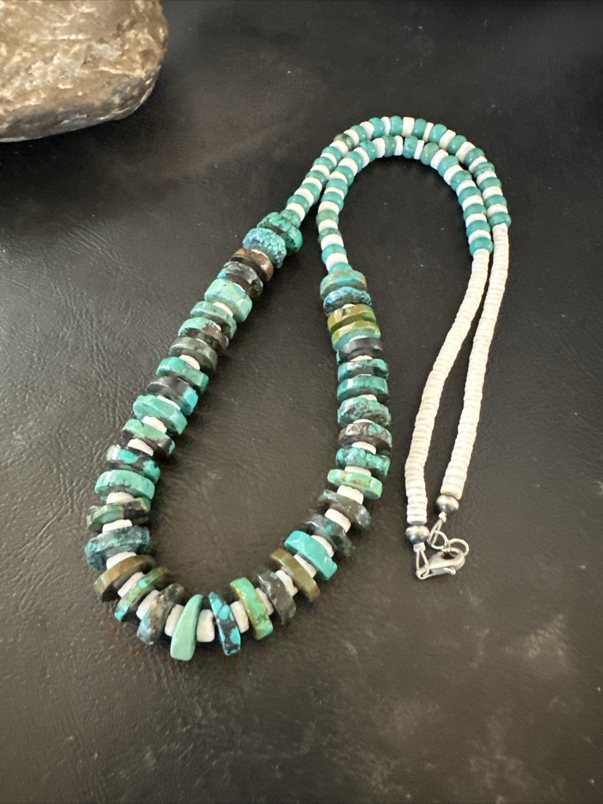 Navajo Blue Turquoise Shell Heishi Sterling Silver Bead 25” Necklace 17853