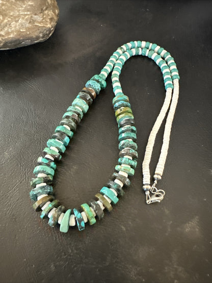 Navajo Blue Turquoise Shell Heishi Sterling Silver Bead 25” Necklace 17853