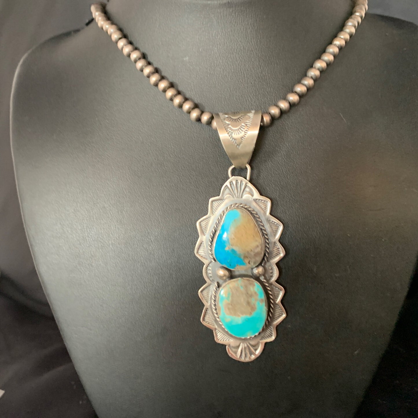 Mens Blue Kingman Turquoise 3" Pendan Sterling Silver Necklace 20" 13997N