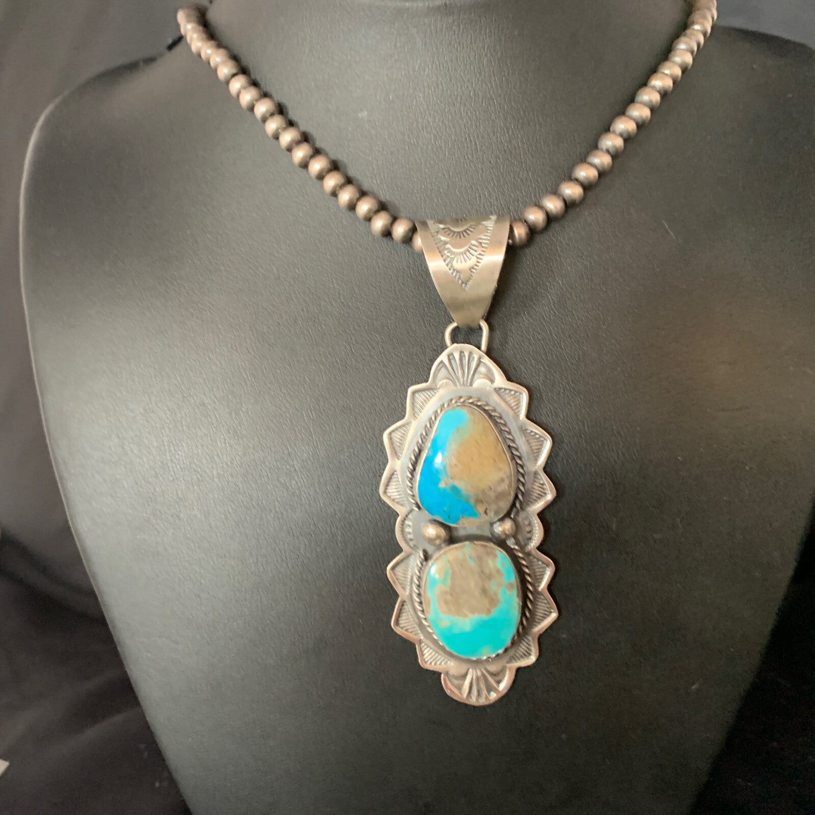 Mens Blue Kingman Turquoise 3" Pendan Sterling Silver Necklace 20" 13997N