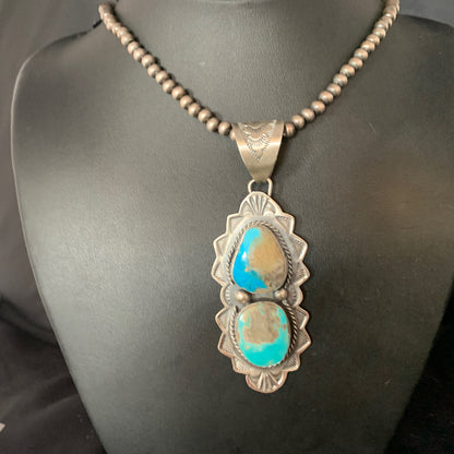 Mens Blue Kingman Turquoise 3" Pendan Sterling Silver Necklace 20" 13997N
