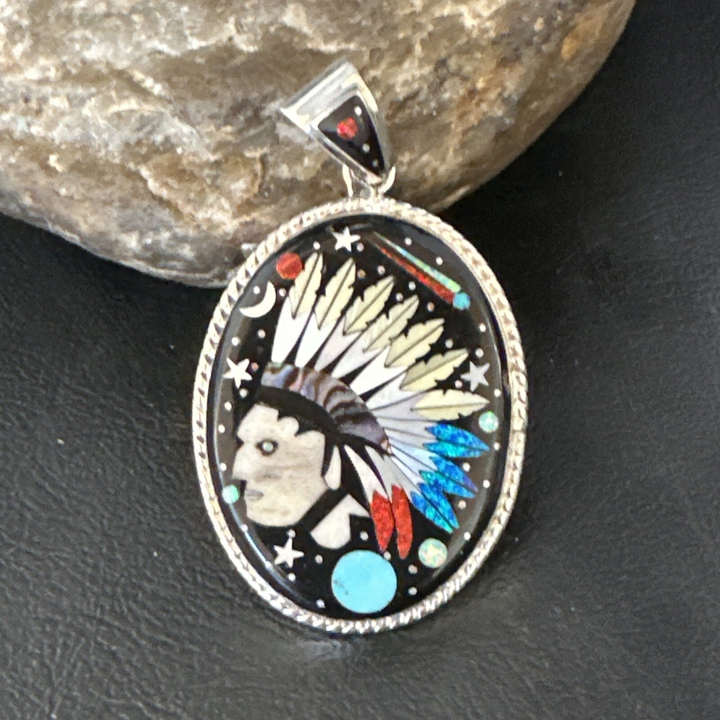 Turquoise Navajo Sterling Silver IndianHead MultiColor Inlay Pin Pendant 15156