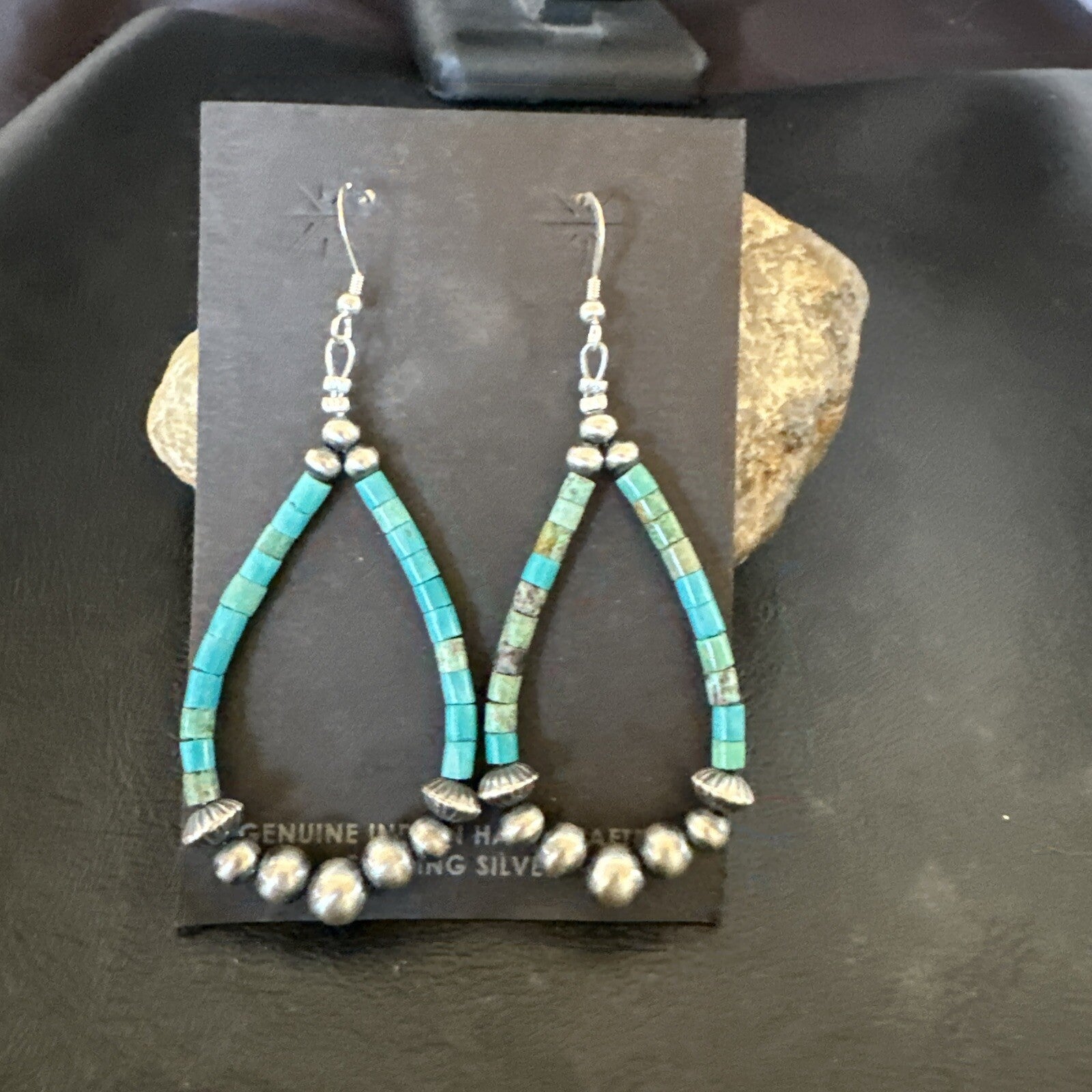 Blue Turquoise Heishi Sterling Silver Beads Navajo Beads Earrings 2" 17873