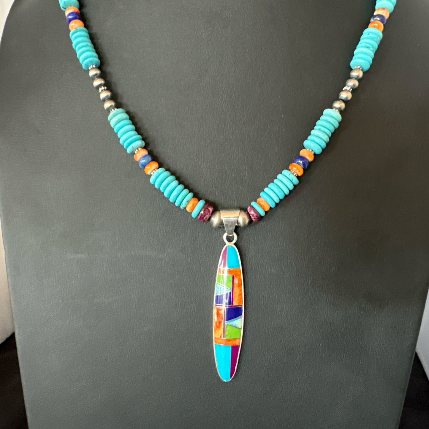 Multicolor Turquoise Spiny Navajo Sterling Silver Inlay Pendant Necklace 19644